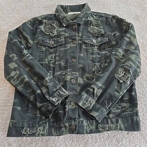 Waimea Camo Camouflage Distressed‎ Denim Jacket Size L Y2K 90s Vibes Festival